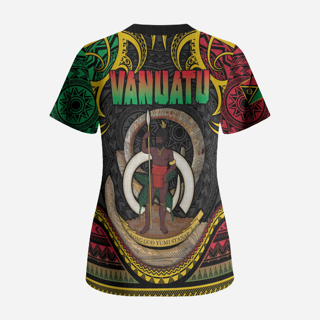 Vanuatu Language Week Scrub Top Boar Tusk Warrior Tribal Floral Pattern