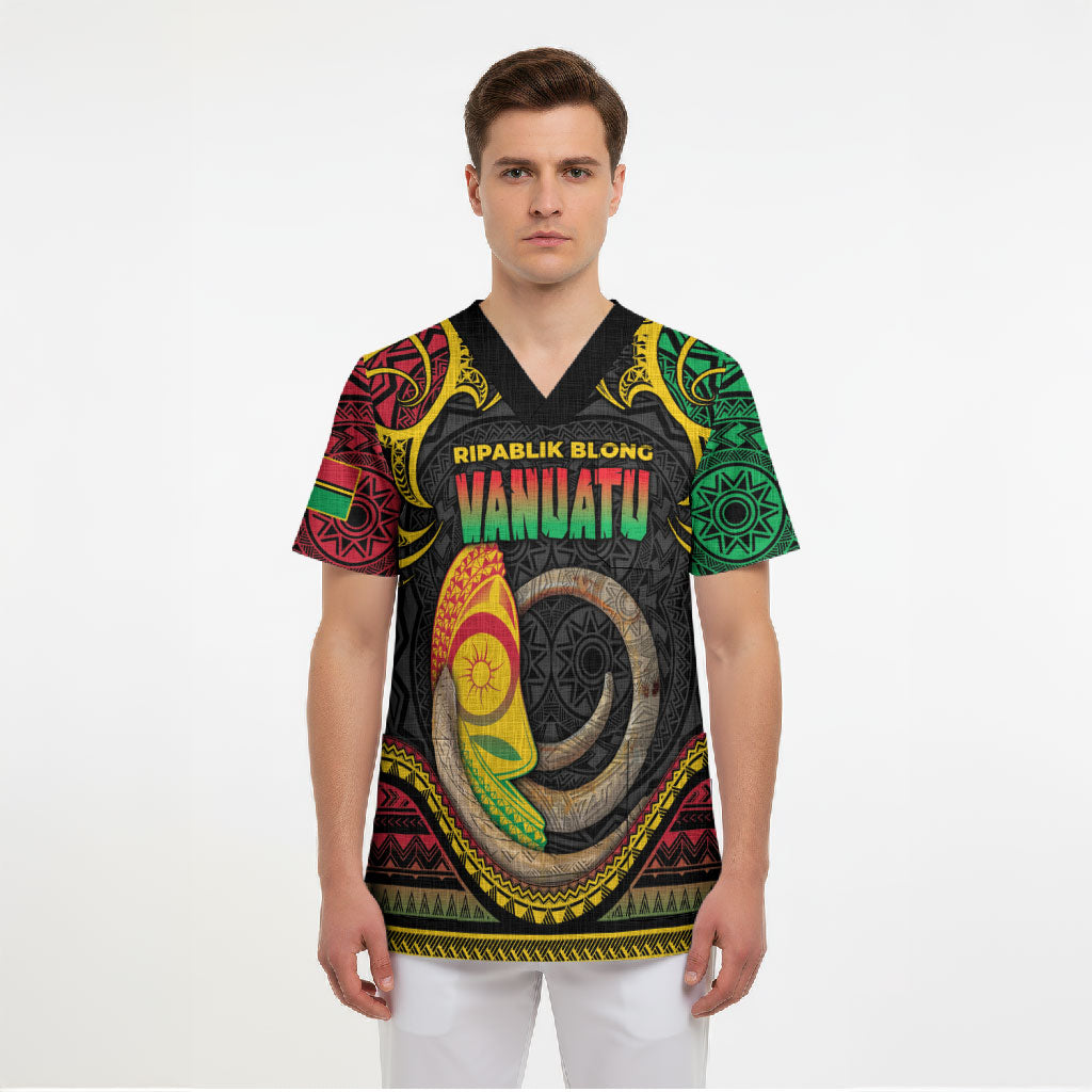 Vanuatu Language Week Scrub Top Boar Tusk Warrior Tribal Floral Pattern