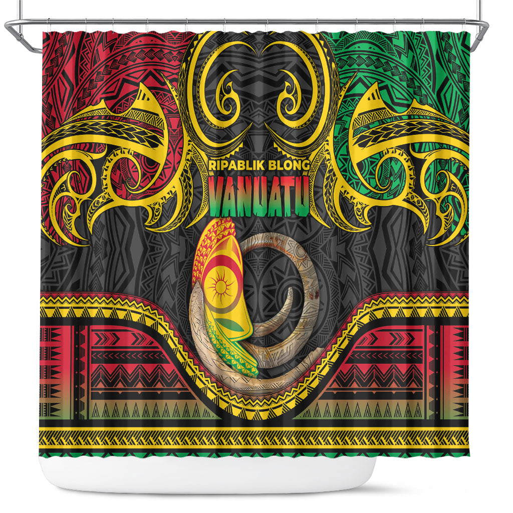 Vanuatu Language Week Shower Curtain Boar Tusk Warrior Tribal Floral Pattern DT05 Black - Polynesian Pride