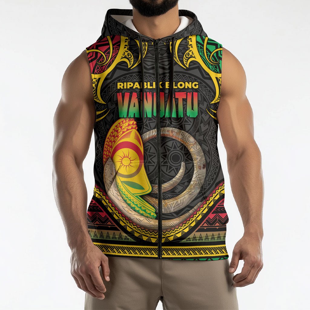 Vanuatu Language Week Sleeveless Zip Hoodie Boar Tusk Warrior Tribal Floral Pattern