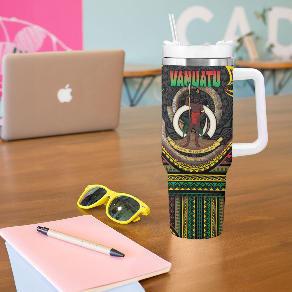 Vanuatu Language Week Tumbler With Handle Boar Tusk Warrior Tribal Floral Pattern