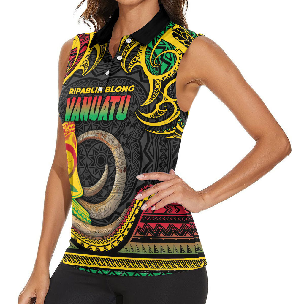 Vanuatu Language Week Women Sleeveless Polo Shirt Boar Tusk Warrior Tribal Floral Pattern