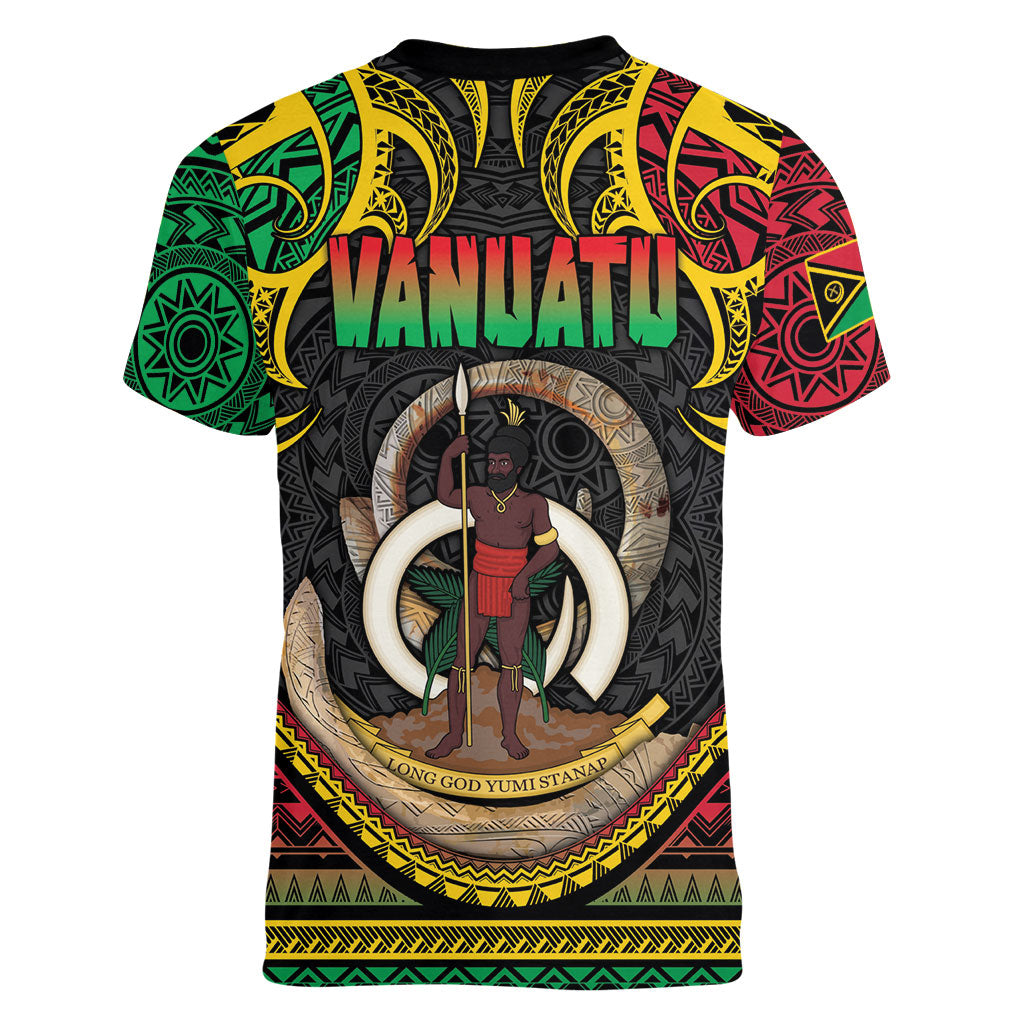 Vanuatu Language Week Women V-Neck T-Shirt Boar Tusk Warrior Tribal Floral Pattern