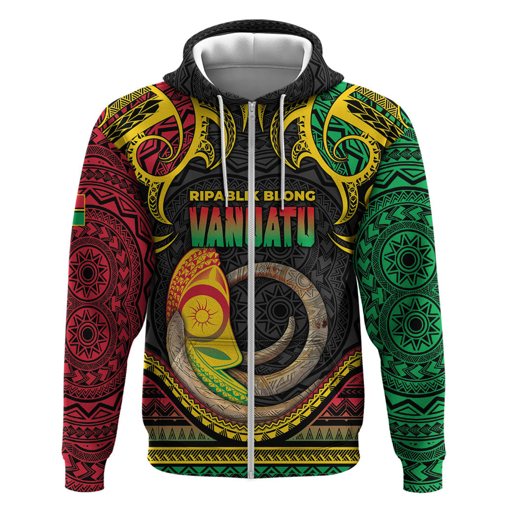 Vanuatu Language Week Zip Hoodie Boar Tusk Warrior Tribal Floral Pattern