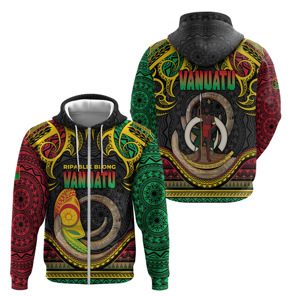 Vanuatu Language Week Zip Hoodie Boar Tusk Warrior Tribal Floral Pattern