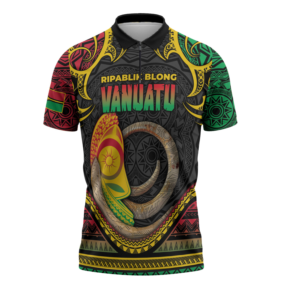 Vanuatu Language Week Zipper Polo Shirt Boar Tusk Warrior Tribal Floral Pattern