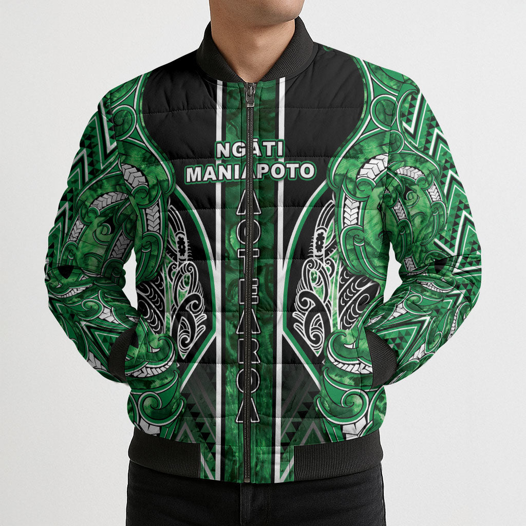 Aotearoa Ngati Maniapoto Bomber Puffer Jacket Maori Tribal Green Paua Shell Pattern DT05 - Polynesian Pride