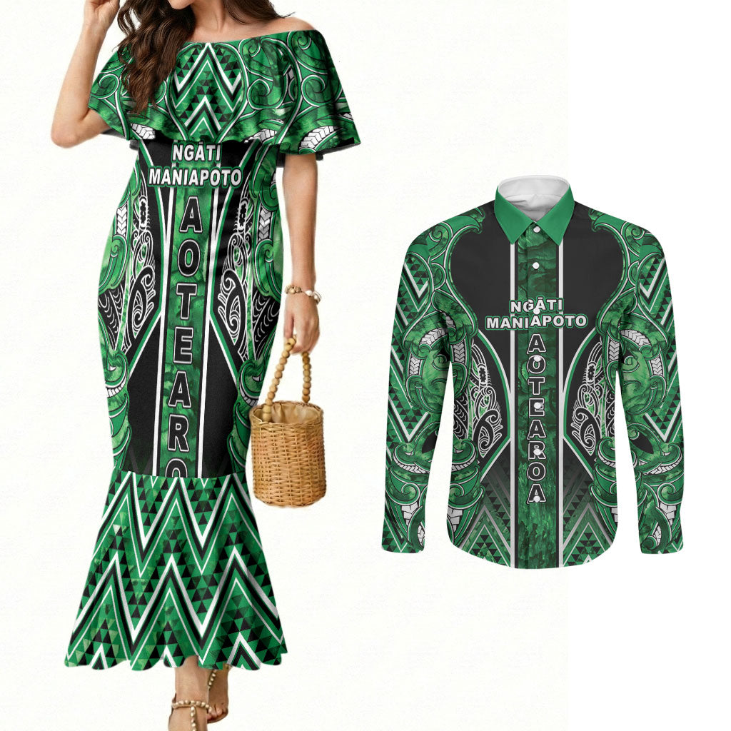 Aotearoa Ngati Maniapoto Couples Matching Mermaid Dress and Long Sleeve Button Shirt Maori Tribal Green Paua Shell Pattern DT05 Green - Polynesian Pride