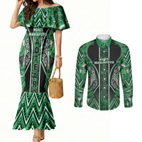 Aotearoa Ngati Maniapoto Couples Matching Mermaid Dress and Long Sleeve Button Shirt Maori Tribal Green Paua Shell Pattern DT05 Green - Polynesian Pride