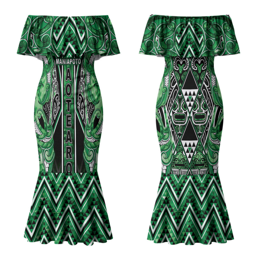 Aotearoa Ngati Maniapoto Couples Matching Mermaid Dress and Long Sleeve Button Shirt Maori Tribal Green Paua Shell Pattern DT05 - Polynesian Pride