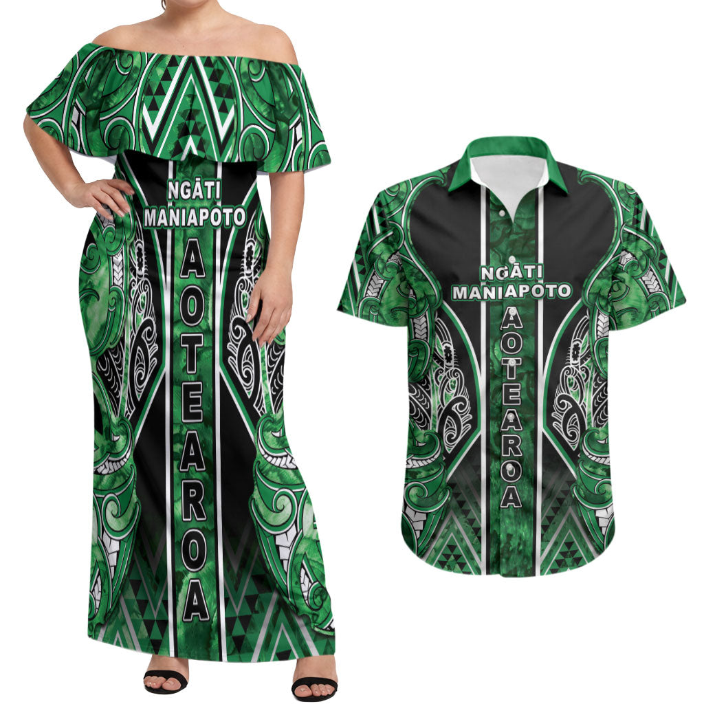 Aotearoa Ngati Maniapoto Couples Matching Off Shoulder Maxi Dress and Hawaiian Shirt Maori Tribal Green Paua Shell Pattern DT05 Green - Polynesian Pride