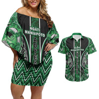 Aotearoa Ngati Maniapoto Couples Matching Off Shoulder Short Dress and Hawaiian Shirt Maori Tribal Green Paua Shell Pattern DT05 Green - Polynesian Pride