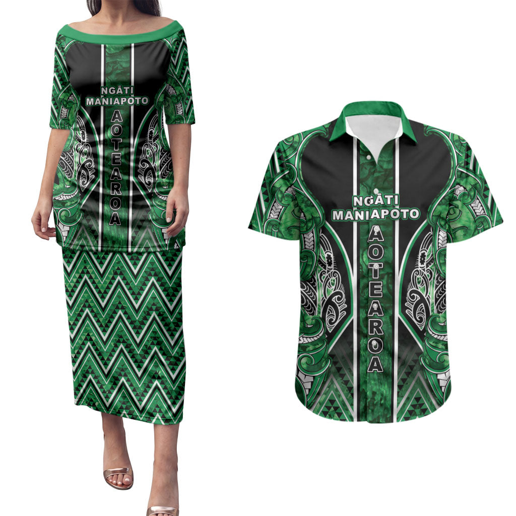 Aotearoa Ngati Maniapoto Couples Matching Puletasi and Hawaiian Shirt Maori Tribal Green Paua Shell Pattern