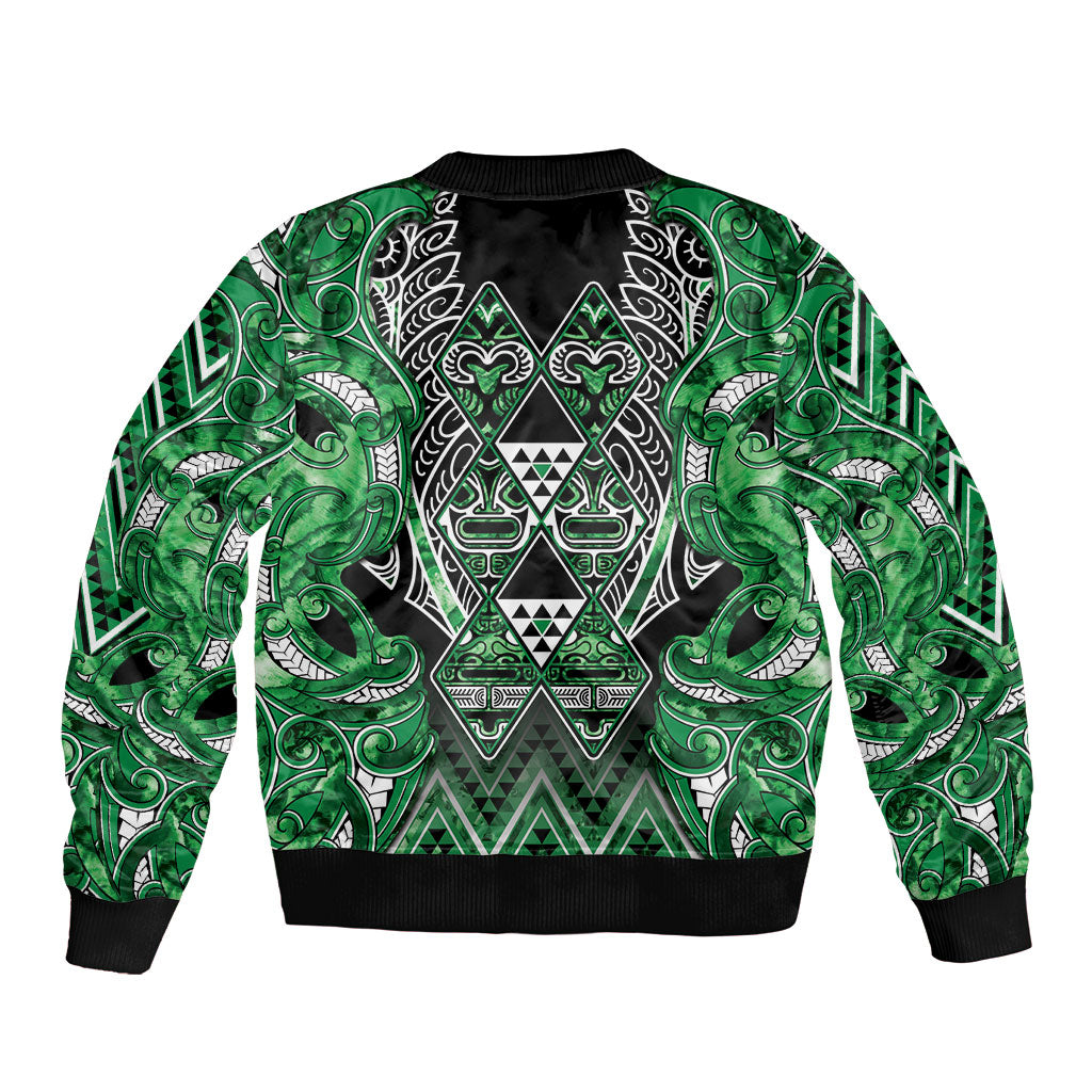 Aotearoa Ngati Maniapoto Sleeve Zip Bomber Jacket Maori Tribal Green Paua Shell Pattern DT05 - Polynesian Pride