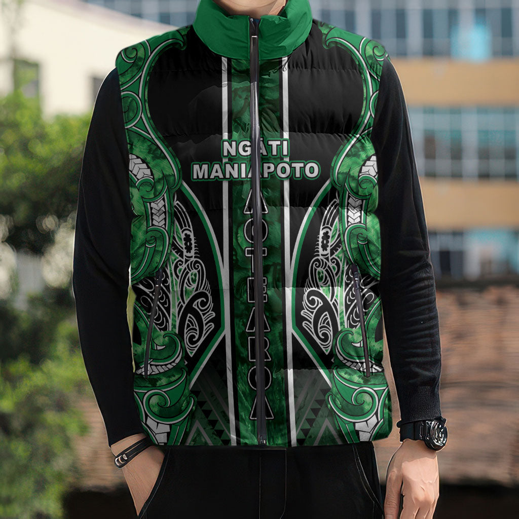 Aotearoa Ngati Maniapoto Sleeveless Puffer Jacket Maori Tribal Green Paua Shell Pattern DT05 - Polynesian Pride