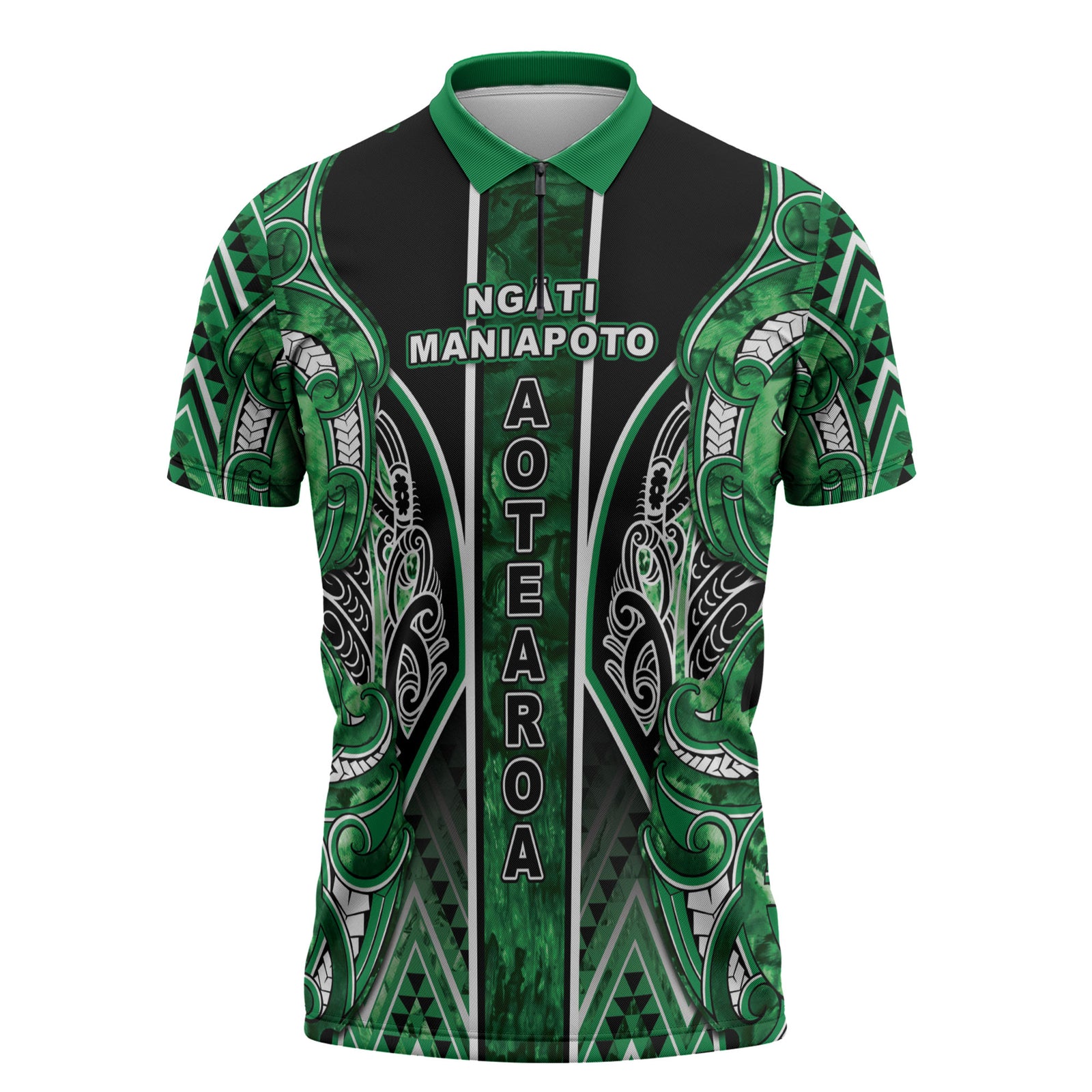 Aotearoa Ngati Maniapoto Zipper Polo Shirt Maori Tribal Green Paua Shell Pattern