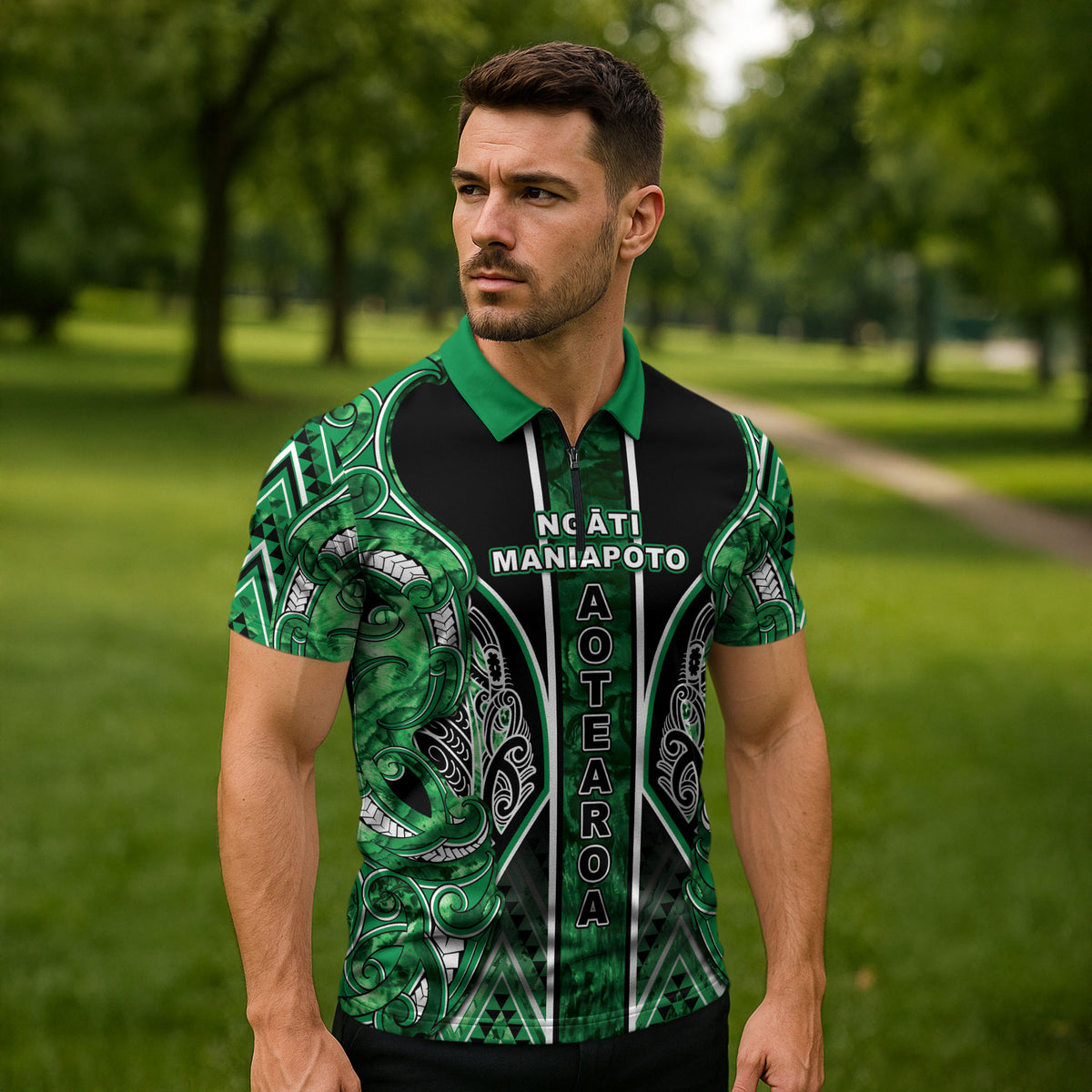 Aotearoa Ngati Maniapoto Zipper Polo Shirt Maori Tribal Green Paua Shell Pattern DT05 - Polynesian Pride