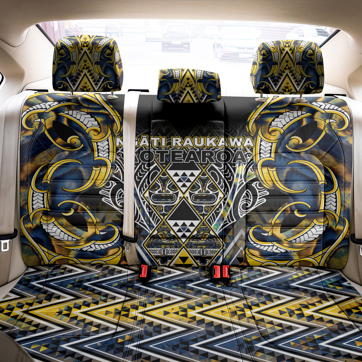 Aotearoa Ngati Raukawa Back Car Seat Cover Maori Tribal Yellow And Navy Paua Shell Pattern DT05 - Polynesian Pride
