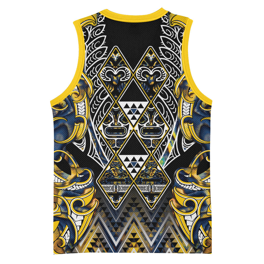 Aotearoa Ngati Raukawa Basketball Jersey Maori Tribal Yellow And Navy Paua Shell Pattern DT05 - Polynesian Pride