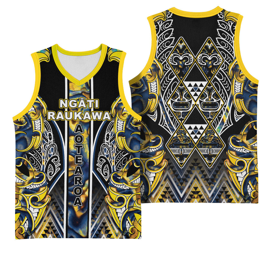 Aotearoa Ngati Raukawa Basketball Jersey Maori Tribal Yellow And Navy Paua Shell Pattern DT05 - Polynesian Pride