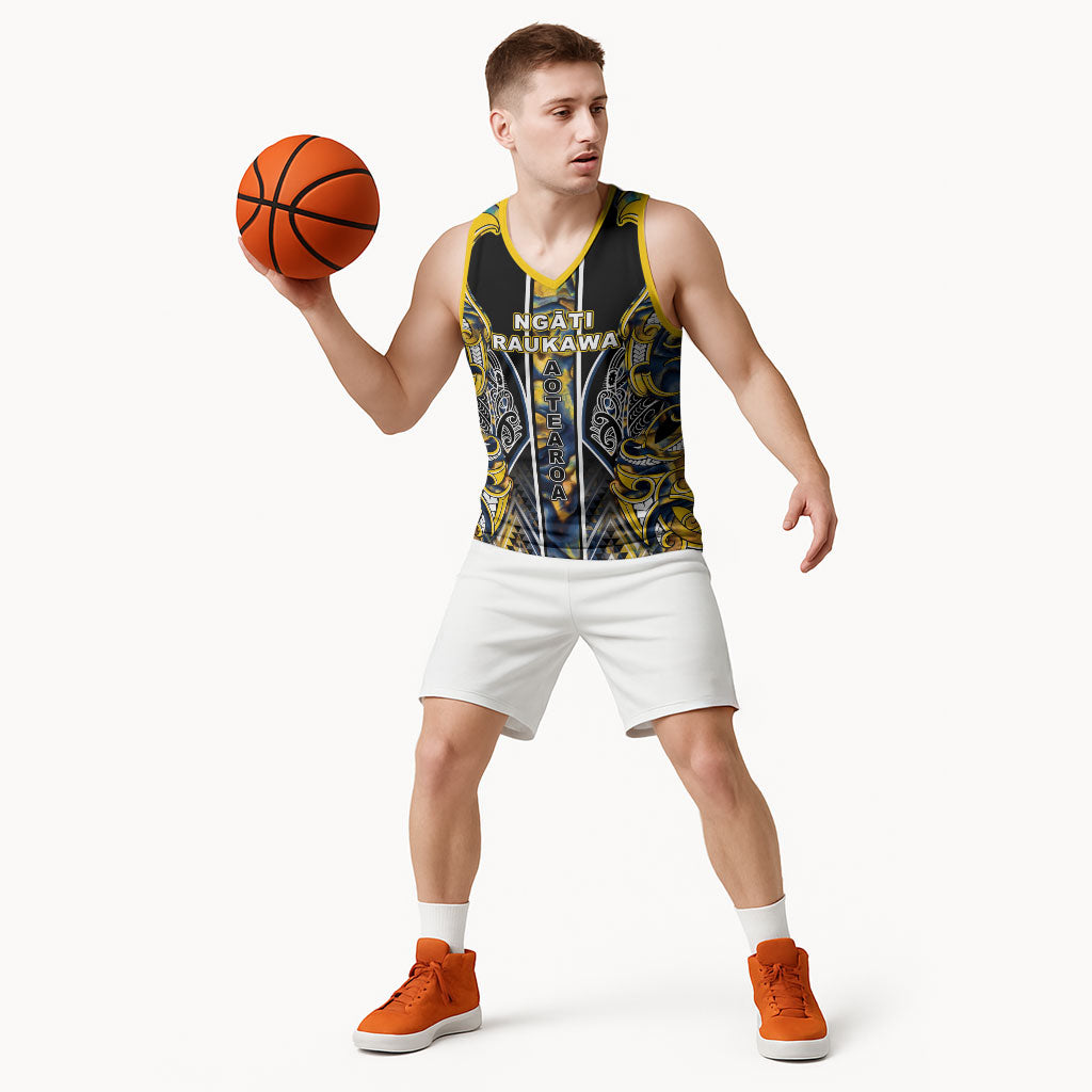 Aotearoa Ngati Raukawa Basketball Jersey Maori Tribal Yellow And Navy Paua Shell Pattern DT05 - Polynesian Pride