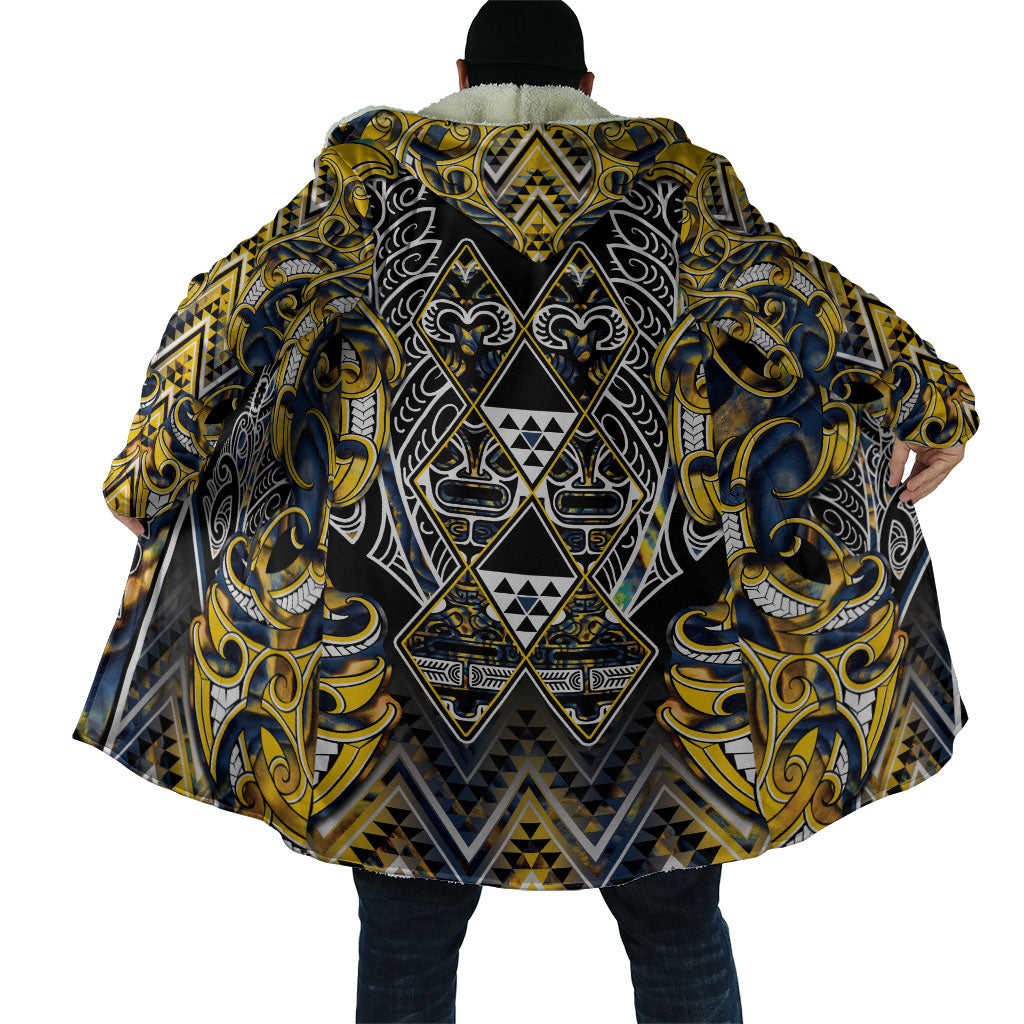 Aotearoa Ngati Raukawa Cloak Maori Tribal Yellow And Navy Paua Shell Pattern DT05 - Polynesian Pride