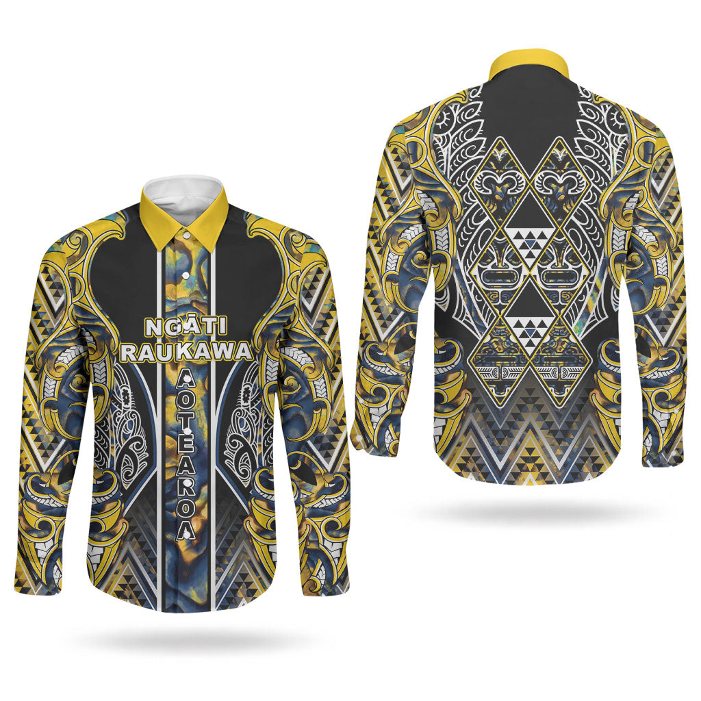 Aotearoa Ngati Raukawa Couples Matching Long Sleeve Bodycon Dress and Long Sleeve Button Shirt Maori Tribal Yellow And Navy Paua Shell Pattern DT05 - Polynesian Pride