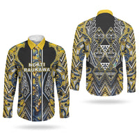 Aotearoa Ngati Raukawa Couples Matching Long Sleeve Bodycon Dress and Long Sleeve Button Shirt Maori Tribal Yellow And Navy Paua Shell Pattern DT05 - Polynesian Pride