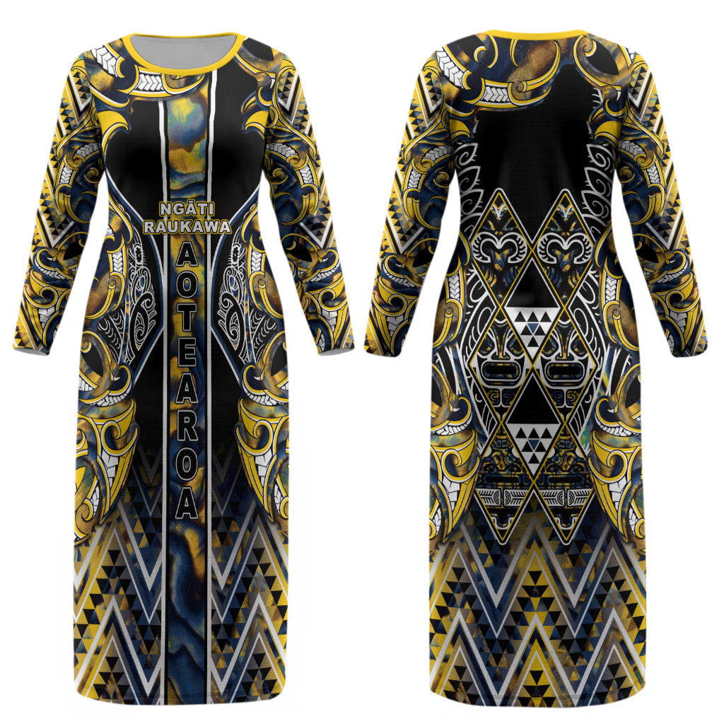 Aotearoa Ngati Raukawa Couples Matching Long Sleeve Bodycon Dress and Long Sleeve Button Shirt Maori Tribal Yellow And Navy Paua Shell Pattern DT05 - Polynesian Pride