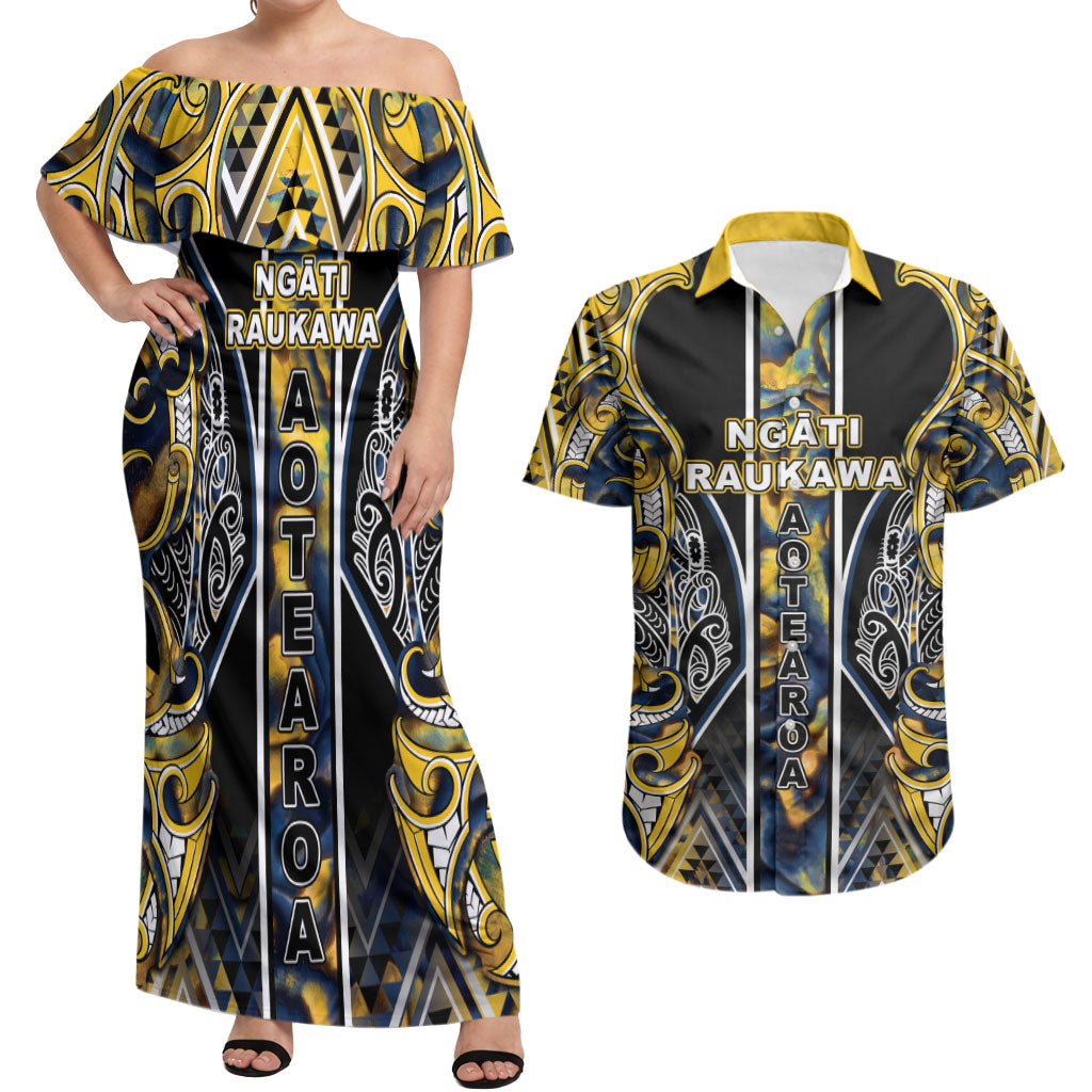 Aotearoa Ngati Raukawa Couples Matching Off Shoulder Maxi Dress and Hawaiian Shirt Maori Tribal Yellow And Navy Paua Shell Pattern DT05 Yellow - Polynesian Pride
