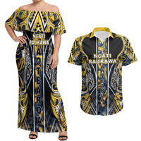 Aotearoa Ngati Raukawa Couples Matching Off Shoulder Maxi Dress and Hawaiian Shirt Maori Tribal Yellow And Navy Paua Shell Pattern DT05 Yellow - Polynesian Pride