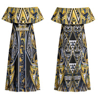 Aotearoa Ngati Raukawa Couples Matching Off Shoulder Maxi Dress and Hawaiian Shirt Maori Tribal Yellow And Navy Paua Shell Pattern DT05 - Polynesian Pride