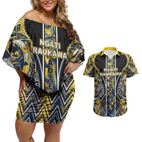 Aotearoa Ngati Raukawa Couples Matching Off Shoulder Short Dress and Hawaiian Shirt Maori Tribal Yellow And Navy Paua Shell Pattern DT05 Yellow - Polynesian Pride