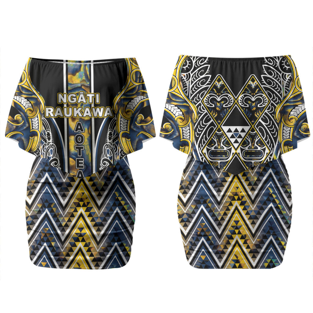 Aotearoa Ngati Raukawa Couples Matching Off Shoulder Short Dress and Hawaiian Shirt Maori Tribal Yellow And Navy Paua Shell Pattern DT05 - Polynesian Pride