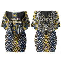 Aotearoa Ngati Raukawa Couples Matching Off Shoulder Short Dress and Hawaiian Shirt Maori Tribal Yellow And Navy Paua Shell Pattern DT05 - Polynesian Pride