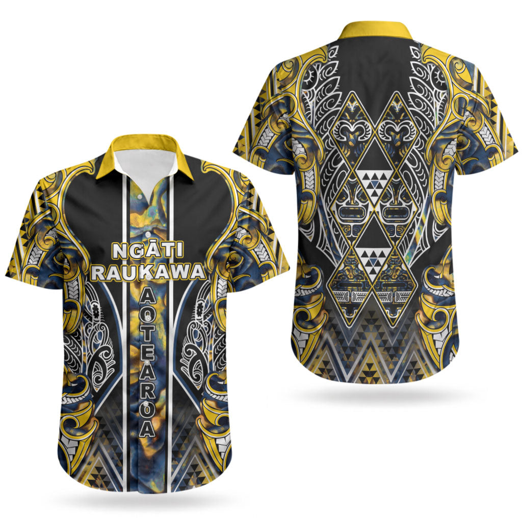 Aotearoa Ngati Raukawa Couples Matching Off Shoulder Short Dress and Hawaiian Shirt Maori Tribal Yellow And Navy Paua Shell Pattern DT05 - Polynesian Pride