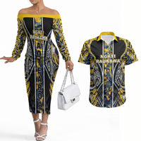 Aotearoa Ngati Raukawa Couples Matching Off The Shoulder Long Sleeve Dress and Hawaiian Shirt Maori Tribal Yellow And Navy Paua Shell Pattern DT05 Yellow - Polynesian Pride