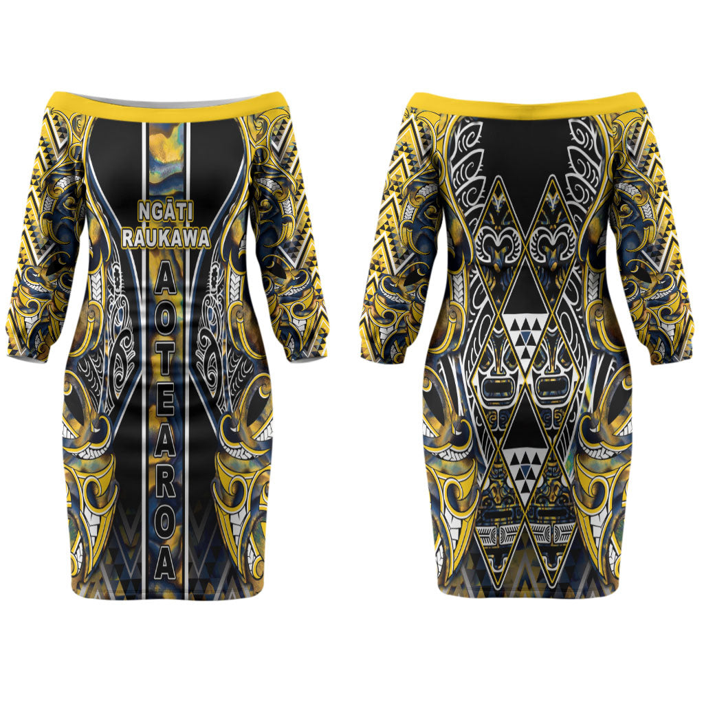Aotearoa Ngati Raukawa Couples Matching Off The Shoulder Long Sleeve Dress and Hawaiian Shirt Maori Tribal Yellow And Navy Paua Shell Pattern DT05 - Polynesian Pride