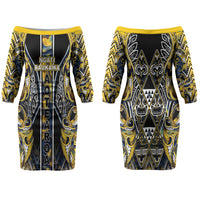 Aotearoa Ngati Raukawa Couples Matching Off The Shoulder Long Sleeve Dress and Long Sleeve Button Shirt Maori Tribal Yellow And Navy Paua Shell Pattern DT05 - Polynesian Pride