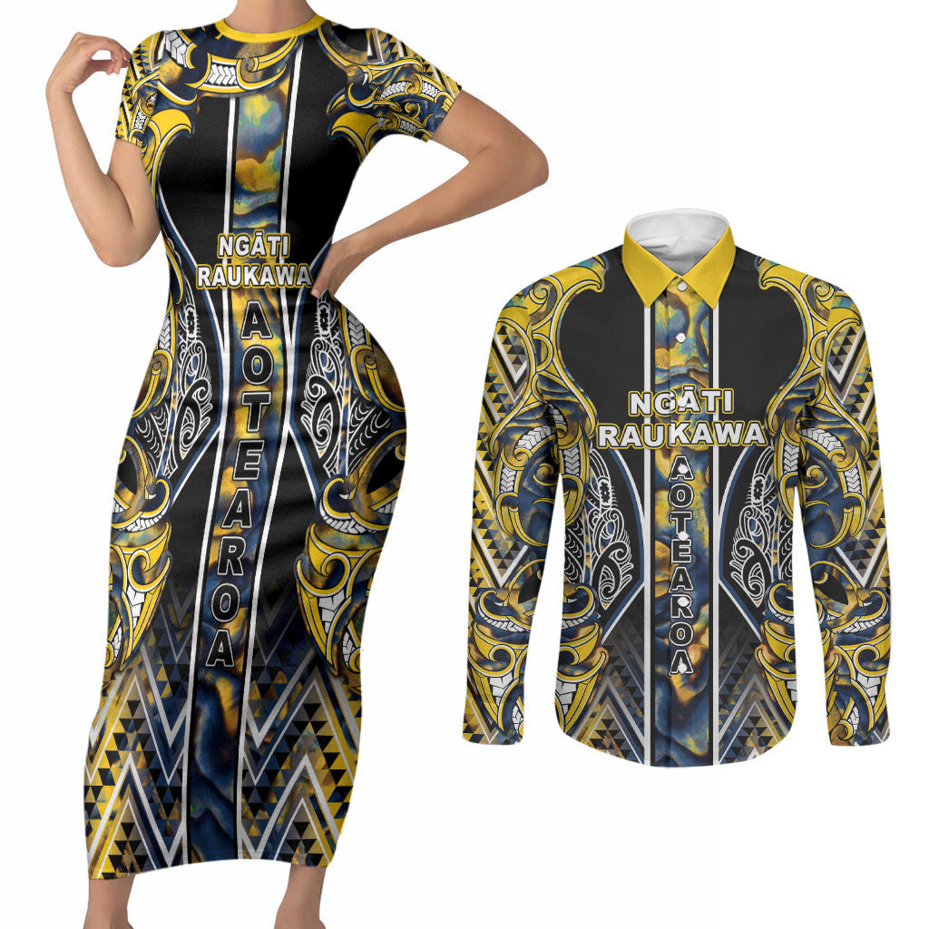 Aotearoa Ngati Raukawa Couples Matching Short Sleeve Bodycon Dress and Long Sleeve Button Shirt Maori Tribal Yellow And Navy Paua Shell Pattern DT05 Yellow - Polynesian Pride