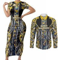 Aotearoa Ngati Raukawa Couples Matching Short Sleeve Bodycon Dress and Long Sleeve Button Shirt Maori Tribal Yellow And Navy Paua Shell Pattern DT05 Yellow - Polynesian Pride