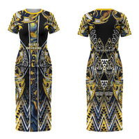 Aotearoa Ngati Raukawa Couples Matching Short Sleeve Bodycon Dress and Long Sleeve Button Shirt Maori Tribal Yellow And Navy Paua Shell Pattern DT05 - Polynesian Pride