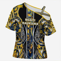 Aotearoa Ngati Raukawa Cross Shoulder Shirt Maori Tribal Yellow And Navy Paua Shell Pattern DT05 Female Yellow - Polynesian Pride