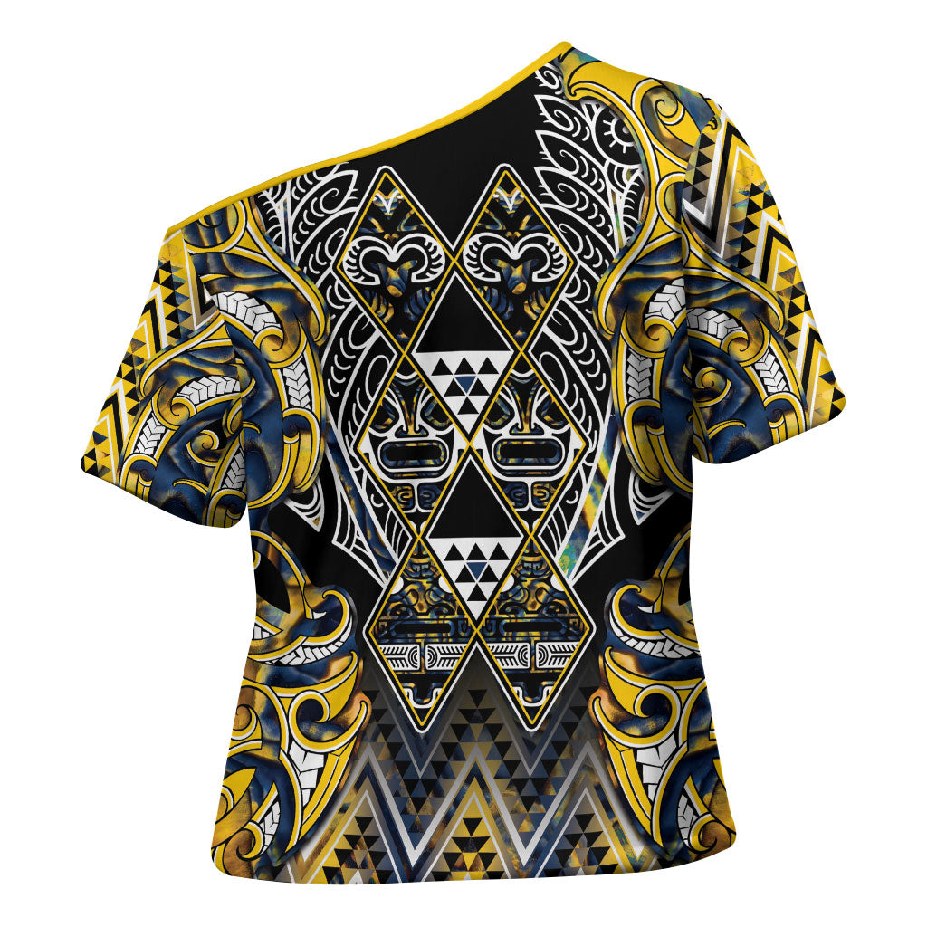 Aotearoa Ngati Raukawa Cross Shoulder Shirt Maori Tribal Yellow And Navy Paua Shell Pattern DT05 - Polynesian Pride
