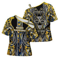 Aotearoa Ngati Raukawa Cross Shoulder Shirt Maori Tribal Yellow And Navy Paua Shell Pattern DT05 - Polynesian Pride