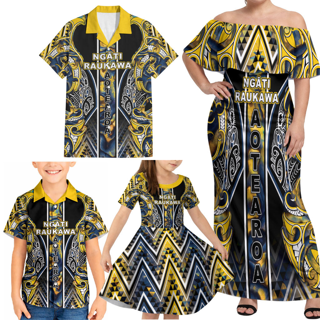 Aotearoa Ngati Raukawa Family Matching Off Shoulder Maxi Dress and Hawaiian Shirt Maori Tribal Yellow And Navy Paua Shell Pattern DT05 - Polynesian Pride