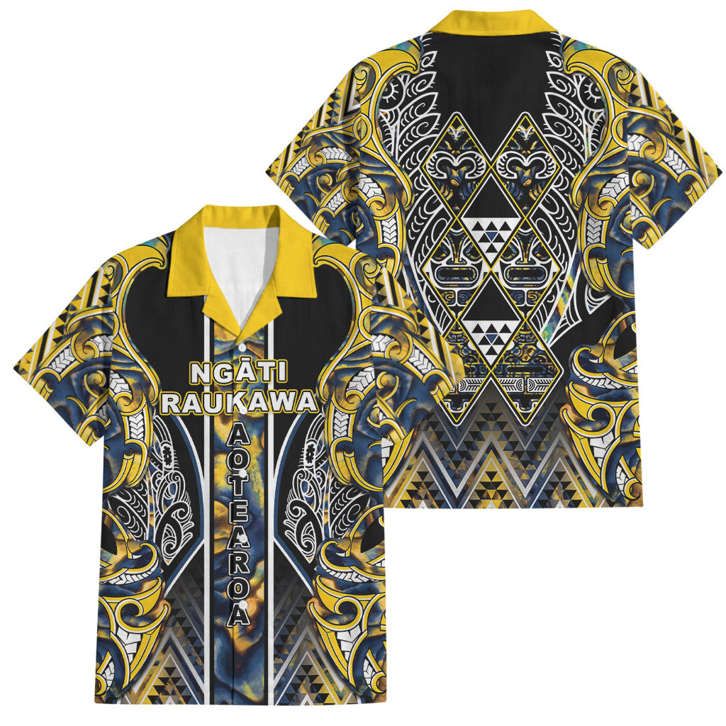 Aotearoa Ngati Raukawa Family Matching Puletasi and Hawaiian Shirt Maori Tribal Yellow And Navy Paua Shell Pattern DT05 Dad's Shirt - Short Sleeve Yellow - Polynesian Pride
