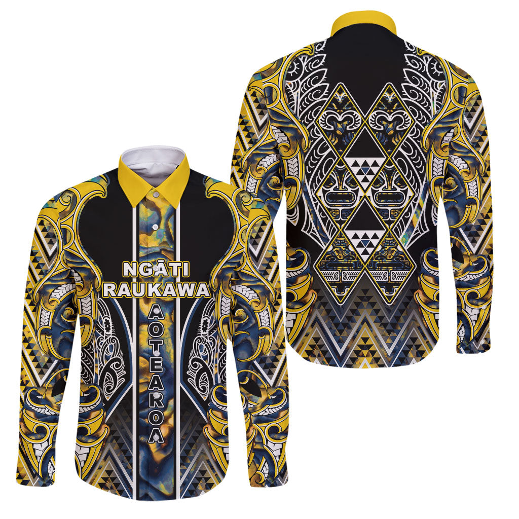 Aotearoa Ngati Raukawa Family Matching Puletasi and Hawaiian Shirt Maori Tribal Yellow And Navy Paua Shell Pattern DT05 Dad's Shirt - Long Sleeve Yellow - Polynesian Pride