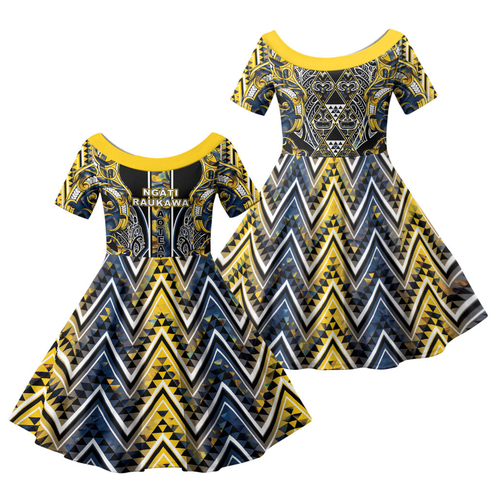 Aotearoa Ngati Raukawa Family Matching Puletasi and Hawaiian Shirt Maori Tribal Yellow And Navy Paua Shell Pattern DT05 Daughter's Dress Yellow - Polynesian Pride