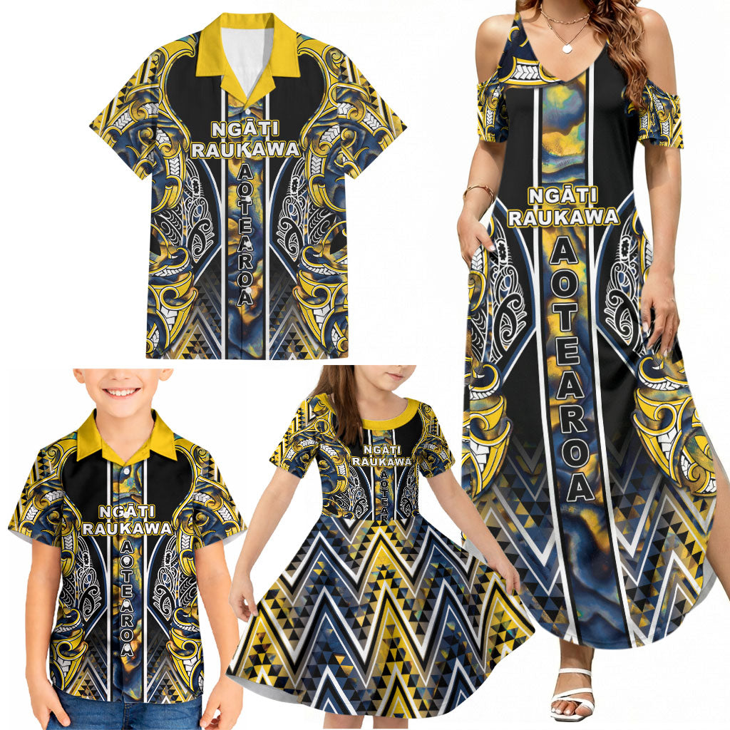 Aotearoa Ngati Raukawa Family Matching Summer Maxi Dress and Hawaiian Shirt Maori Tribal Yellow And Navy Paua Shell Pattern DT05 - Polynesian Pride
